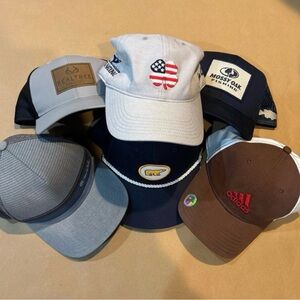 Bundle of hats. Black clover adidas rope and trucker hats golf hats